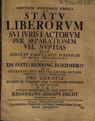 Dispvtatio Inavgvralis Ivridica De Statv Liberorvm Svi Ivris Factorvm Per Separationem Vel Nvptias