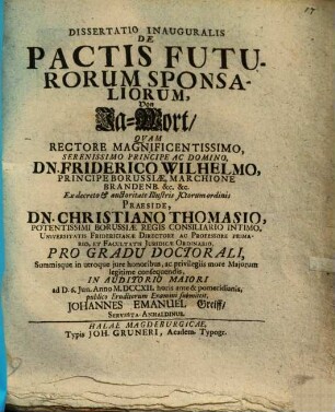 Dissertatio Inauguralis De Pactis Futurorum Sponsaliorum : Von Ja-Wort
