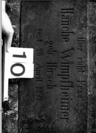 Grabstein 10 (Index: 100100608) Material: Sandstein Zustand: leicht verwittert Maße HxBxT: 177x52x20 cm Beschreibung: Stele, getreppter Sockel, Rundbogengiebel mit Eckakroteren, eingetieftes Schriftfeld mit Rundbogen Symbolik: Fries, Blätter, Bäumchen im Rundbogen: Grabstein 10 (Detailaufnahme 2)