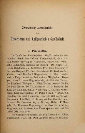Jahresbericht der Historischen und Antiquarischen Gesellschaft zu Basel. 20. 1894/95 (1895)