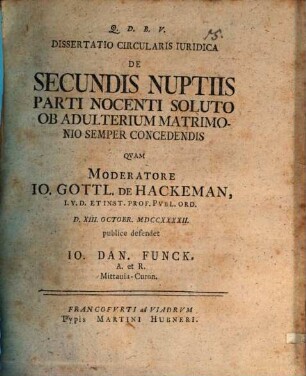 Dissertatio Circularis Iuridica De Secundis Nuptiis Parti Nocenti Soluto Ob Adulterium Matrimonio Semper Concedendis