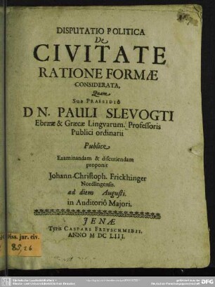 Disputatio politica de civitate ratione formae considerata