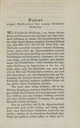 Patent wegen Publication der neuen Criminal-Ordnung.