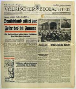 Tageszeitung "Völkischer Beobachter" zu den bevorstehenden Feierlichkeiten anlässlich des Jahrestages der "Machtergreifung"
