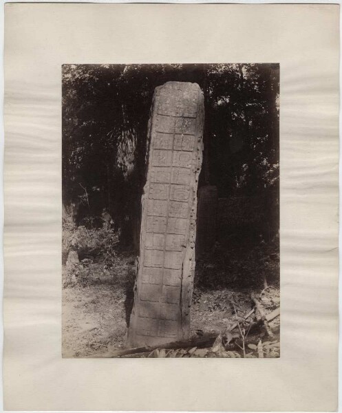 Stele 2 (C), Seitenansicht. "Oben das gewöhnliche Zeichen der Überschrift. Die Hand, linke Kolumne, Zeichen h und g."