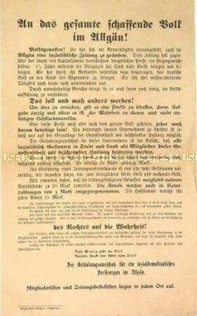 Großformatiges Flugblatt mit dem Aufruf zur Gründung einer sozialistischen Zeitung im Allgäu