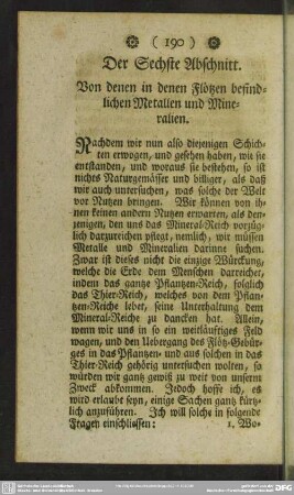 Der Sechste Abschnitt. Von denen in denen Flötzen befindlichen Metallen und Mineralien
