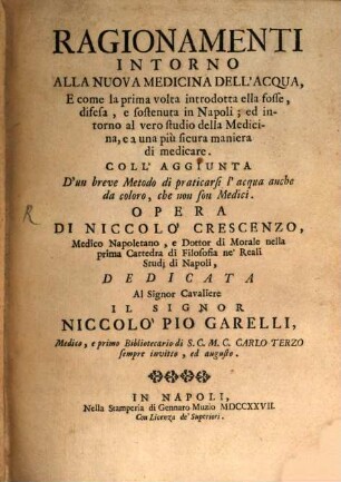 Ragionamenti intorno alla nuova Medicina dell'acqua