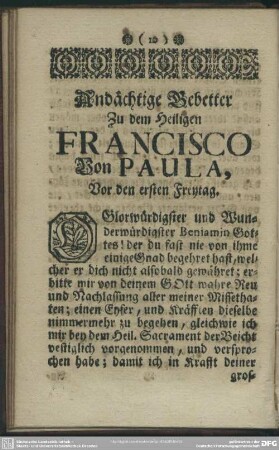Andächtige Gebetter Zu dem Heiligen Francisco Von Paula, Vor den ersten Freytag