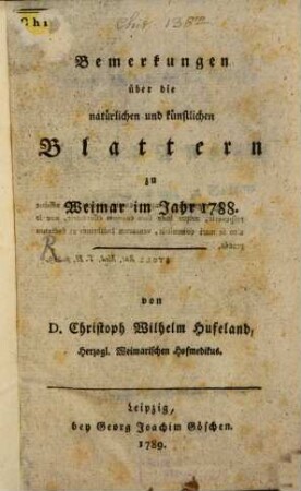 Bemerkungen über die natürlichen und künstlichen Blattern zu Weimar im Jahr 1788.
