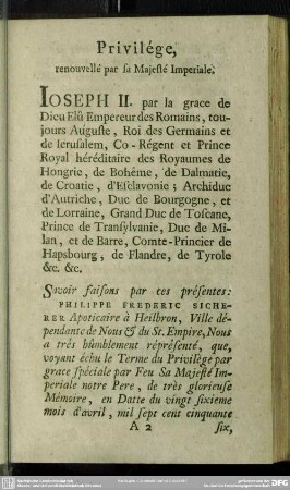 Privilége, renouvellé par sa Majesté Imperiale