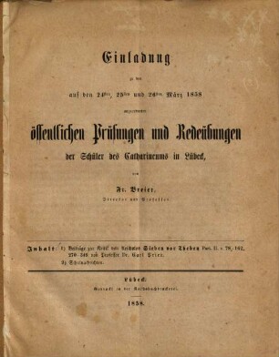 Einladung zu den auf den ... angeordneten öffentlichen Prüfungen und Redeübungen der Schüler des Katharineums in Lübeck, 1858