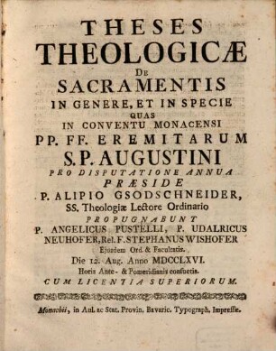 Theses theologicae de sacramentis in genere, et in specie