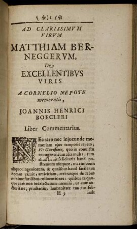 Ad Clarissimum Virum Matthiam Berneggerum, De Excellentibus Viris A Cornelio Nepote memoratis, Joannis Henrici Boecleri Liber Commentarius.