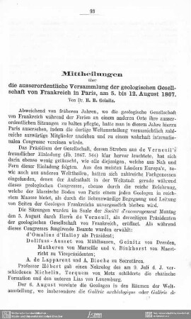 Mittheilung über die ausserordentliche Versammlung der geologischen Gesellschaft von Frankreich in Paris, am 5. bis 12. August 1867