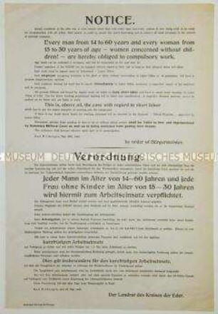 Maueranschlag mit der Verordnung zum Arbeitseinsatz für den Wiederaufbau (zweisprachig)