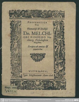 Propemptica ... Melchiori Rindero Noriberg. philosophiae magistro