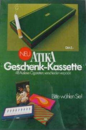 Werbeschild für "Atika"-Zigaretten,"ATIKA Geschenk-Kassette"