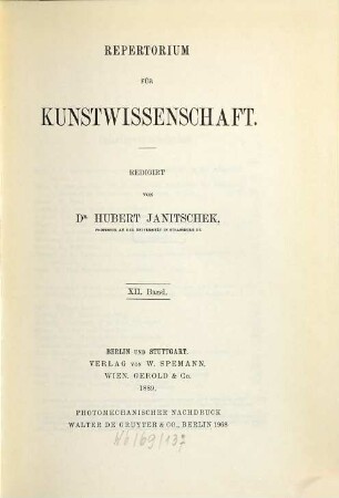 Repertorium für Kunstwissenschaft. 12. 1889