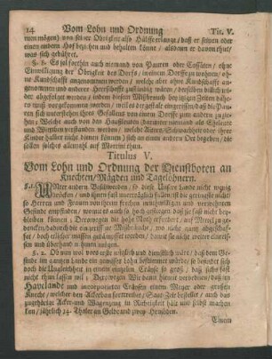 Titulus V. Vom Lohn und Ordnung der Dienstboten an Knechten/ Mägden und Tagelöhnern