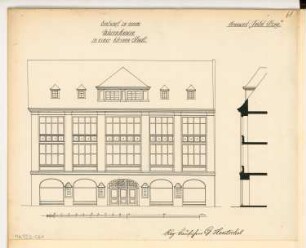 Warenhaus Monatskonkurrenz November 1911: Aufriss Straßenansicht, Vertikalschnitt der Fassade; Maßstabsleiste