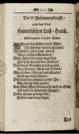 Die III. Zusammenkunfft / unter dem Titul Himmlischen Lust-Hauß.