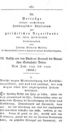 III. Beiträge einiger verstorbenen Hamburgischer Physicorum zur gerichtlichen Arzneikunde aus ihren Handschriften