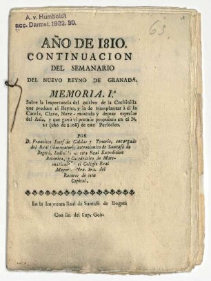 "Ano de 1810. Continuacion del semanario del nuevo reyno de Granada, Memoria. Ia."
