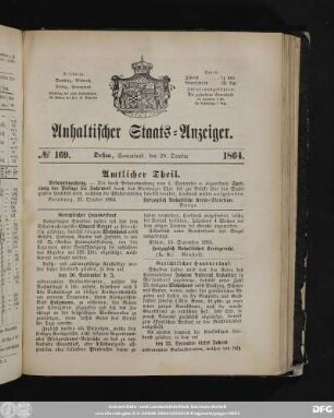 Anhaltischer Staats-Anzeiger : Dessauer neueste Nachrichten, No. 169. Dessau, Sonnabend, den 29. October 1864.