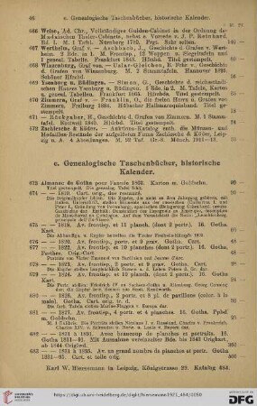 e. Genealogische Taschenbücher, historische Kalender (Nr. 673 - 766)