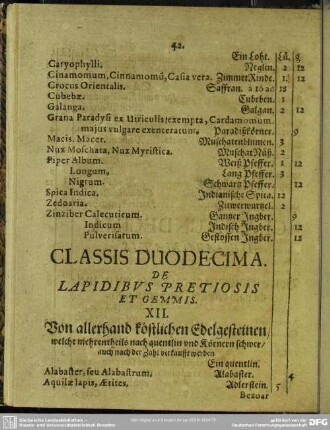 Classis DuoDecima. De Lapidibus Pretiosis Et Gemmis