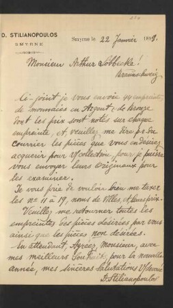 Briefe von D. Stilianopoulos, Smyrne : 22.01.1898 - 23.08.1898