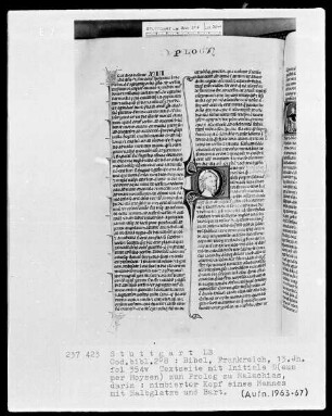 Bibel — Initiale D (eus per Moysen), darin nimbierter Kopf, Folio 354verso