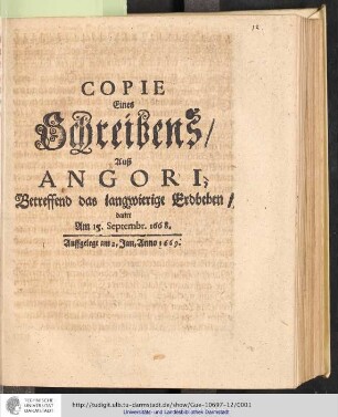 Copie Eines Schreibens, Auß Angori, Betreffend das langwierige Erdbeben, datirt Am 15.Septembr.1668