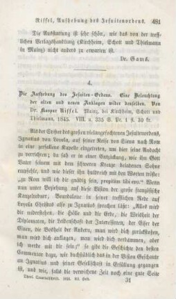 481-487 [Rezension] Riffel, Caspar, Die Aufhebung des Jesuiten-Ordens