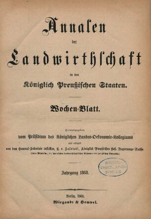 8.1868: Annalen der Landwirthschaft in den Königlich Preußischen Staaten / Wochenblatt