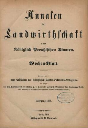 8.1868: Annalen der Landwirthschaft in den Königlich Preußischen Staaten / Wochenblatt