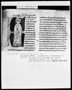 Stuttgarter Passionale — Heilige der pars aestiva (zweiter Band) — Textseite mit zwei figürlichen Initialen, Folio 47recto