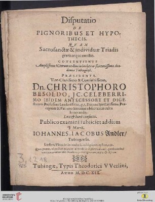 Disputatio De Pignoribus Et Hypothecis