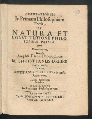 Disputationum In Primam Philosophiam Tertia De Natura Et Constitutione Philosophiae Primae