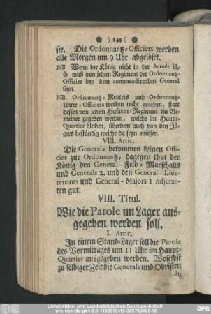 VIII. Titul. Wie die Parole im Lager ausgegeben werden soll.