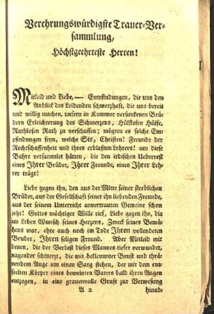 Verehrungswürdigste Trauer-Versammlung, Höchstgeehrteste Herren!