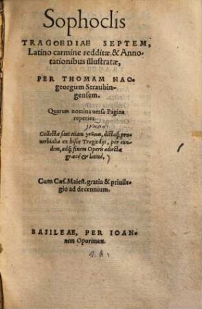 Sophoclis Tragoediae Septem : Quarum nomina uersa Pagina reperies