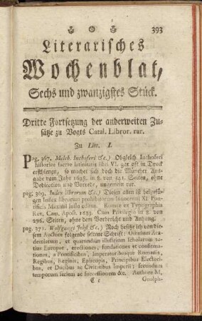 Literarisches Wochenblat, Sechs und zwanzigstes Stück.