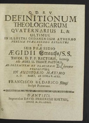 Definitionum Theologicarum Quaternarius L. & Ultimus