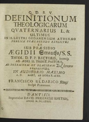 Definitionum Theologicarum Quaternarius L. & Ultimus