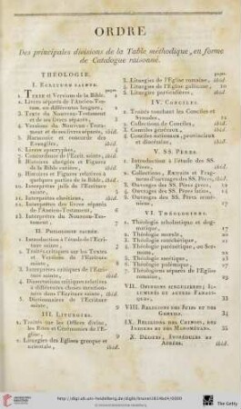 Ordre des principales divisions de la Table méthodique, en forme de Catalogue raisonné