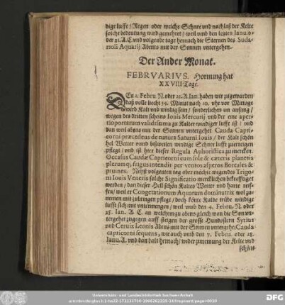 Der Ander Monat. Februarius. Hornung hat XXVIII Tage.