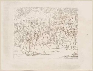Zu Shakespeares "Die lustigen Weiber von Windsor", Blatt 11, 5. Akt, 4. Szene: Anna und Fenton im Wald, Falstaff wird verprügelt