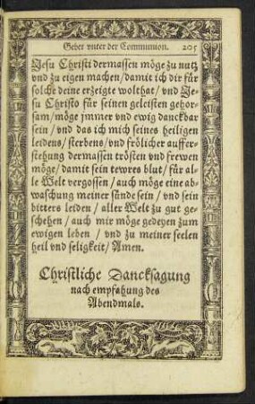 Christliche Dancksagung nach empfahung des Abendmals.